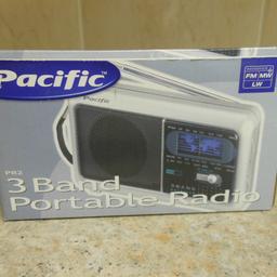 Pacific PR2 Portable FM Radio 3 Band Receiver 

Pre-owned: but In new condition. The box has been opened but the radio never used until batteries fitted for testing 

FM : 88-108MHz
MW : 540-1600KHz
LW : 150-270KHz

Power Supply : DC 4.5 or 3 x 1.5v AA Batteries ( not included )