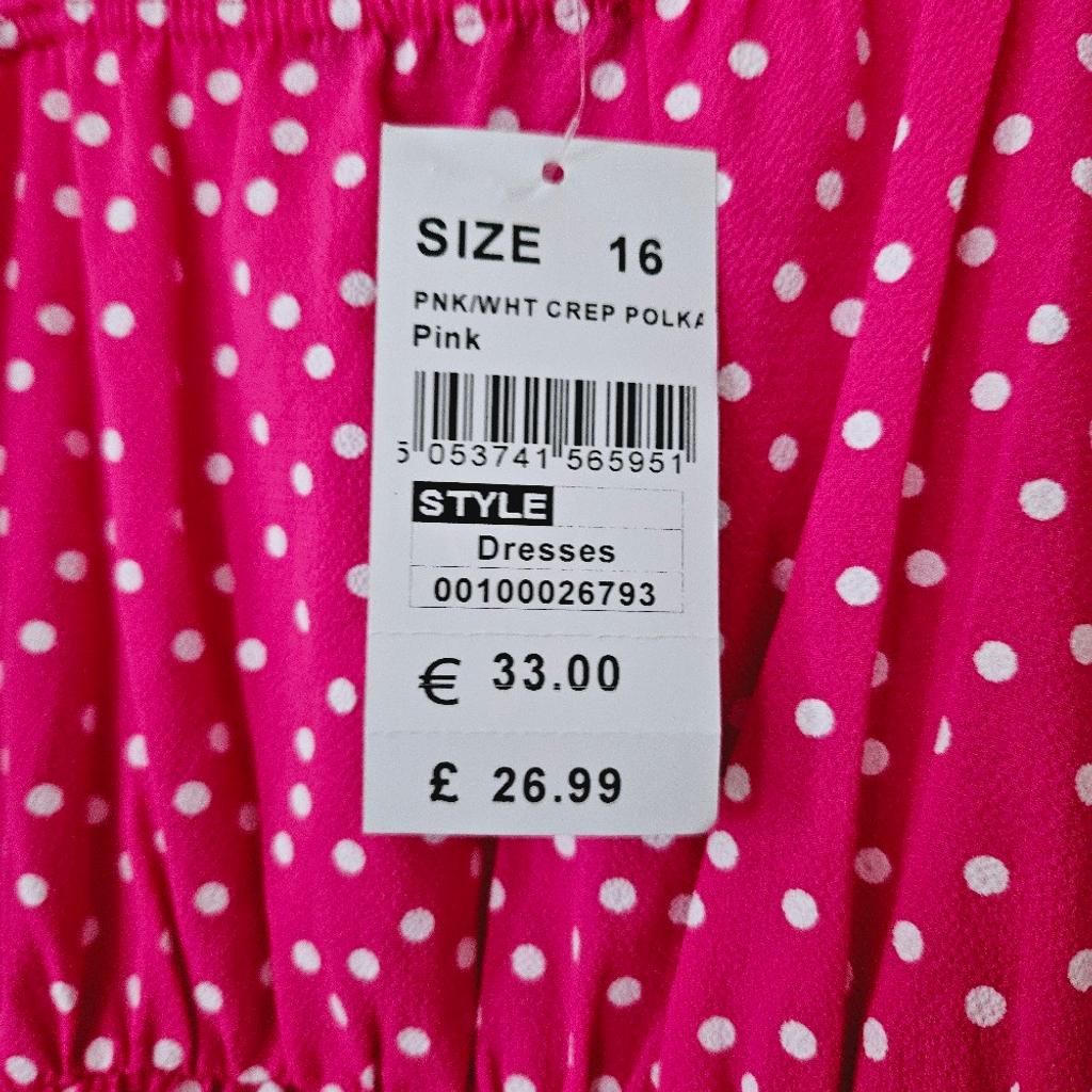 Pink dress with a white spotted pattern, tie straps, elasticated back waist and ruffle style skirt, size 16..NEW with a £26.99 price tag.

cash and collection only, thanks.
possible delivery to Conisbrough on Saturday mornings only around 11 am.