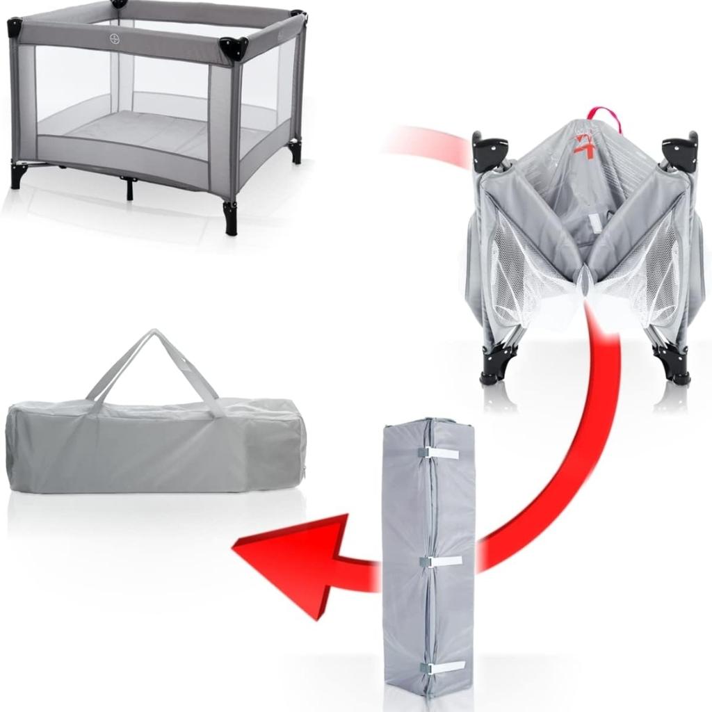Baby-Reisebett und Laufstall mit Halteringen und passender Matratze mit zwei Überzügen in weiß und grau