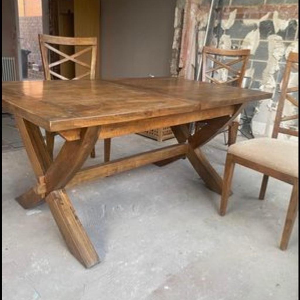 Barker and Stonehouse “New Frontier” Mango wood extendable table (seats up to 8-10 people when extended) and 4 high backed chairs, cushioned.
As available on the B&S website at £1479.
Excellent condition, like new! Beautiful addition, this table has served us very well the reason for sale is having a light wood floor & it doesn’t match sadly.

Measurements are:
Table (not extended) - 171cm deep, 100cm wide
Extended - 212cm deep, 100cm wide
Height - 79cm

High backed Chairs
106cm high
49cm seat
£500 ono

Collection only from S704DN. Any questions, please ask 😊