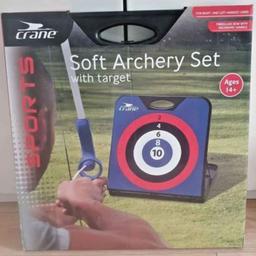 BRAND NEW 

CRANE SOFT ARCHERY SET

AGE RANGE: 14 YEARS OLD + 

Contents:
1 x Target Stand
1 x Bow
3 x Arrows

Features:
For right - and left-handed users
Perfect for playing in the garden
Fibreglass bow with ergonomic handle
Practise your archery skills
Suction cup tips for added safety
Target turns into a handy carry case for bow and arrows

Approximate Dimensions:

Target Stand: 64 x 7.5 x 65cm, Bow: 132.5 x 22cm, Arrow: 70cm (approx.)