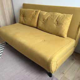 Mustard Yellow 143cm wide sofa bed, makes standard double bed.
Bought made.com.
Good condition throughout. Minimal use.

Fabric composition: 100% polyester. Leg height: 13.5cm, 3.8cm diameter. Bed height when laid flat: 27cm.

Height 80cm
Width 143cm
Depth 89cm

Same as below link:

https://www.made.com/style/st735395/n00116#n00116