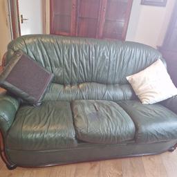 Italian green leather 3 seater, 1 chair & pouffe, needs cleaning reupholstered, fair condition, still solid & sittable