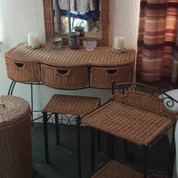 I AM SELLING A DRESSING TABLE WITH MIRROR AND STOOL AND SIDE TABLE PLUS WICKER WASHING .BASKET ,.. THE WASHING BASKET ON ITS OWN COST £39.99 ..ALL ITEM ARE MATCHING MADE OF WICKER ... DRESSING TABLE IS MADE WITH A METAL SKELLINTON FRAME WITH WICKER THREE DREWS AT THE FRONT REALLY NICE WOULD FIT INSIDE A CAR FOR EASY TRANSPORT GRAB AN ABSOLUTE BARGAIN...
MESSERMENTS ARE AS FOLLOWS
...................
LENTH 36 INCH
HIGHT 28 8NCH / BUT WITH MIRROR 60 INSH
THE WIT 17 INCH
............
PLEASE LOOK AT