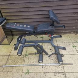 As seen in pics Excercise Workout Bench plus bar and weights needs a clean up but solid and functional,for immediate collection,son moved and left for us to sell cheap.