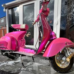 Vespa  Super it was fully restored in 2016 with custom pearlescent pink two tone and cream detailing paint job. The Engine is a p200e and was fully restored in 2016 too, this has not been changed on the log book. Sadly to a change of circumstances the scooter was never ridden after the restoration. The scooter has also had a 10” wheel conversion and comes with spare rear seat and wheel.