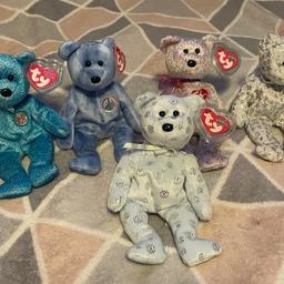 Bundle of original Ty beanie babies with tags 
* flaky
* the beginning 
* peace bear 
* classy 
* 2001 signature