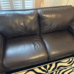Pair of very dark brown genuine leather settees.
Repurposing the room that they are currently in so they are no longer required.
Firm base and cushions, no sagging. Expected wear and tear but no rips. One settee has a heat mark on the arm as highlighted on the photo, but the leather isn’t broken and it’s not particularly noticeable.
Very heavy, good quality.
Look great when cleaned with leather wax.
Width 190cm Depth 90cm

Matching leather framed mirror 106cm x 80cm included free

£230 is the price for the pair but will sell singularly if needed.
Open to reasonable offers
Buyer collects please

* matching chairs, footstool and another sofa available at a later date