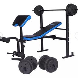 Hardly used, kept under cover outside weights are still boxed, not rusty, comes with bench/ bench press bar, leg curl attachment and dumbbells,