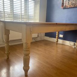 Beautiful 8 seater solid wood Farmhouse dining table with draw. The top can be removed for transportation. It can be sanded, stained & painted. 

Length 200cm approx 6ft 7”
Width 88cm
Height 77cm

Collection only N6.
