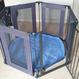 In a great condition. It easily converts to room divider or a safty gate. Washable padded mat. It can be folded for a storage