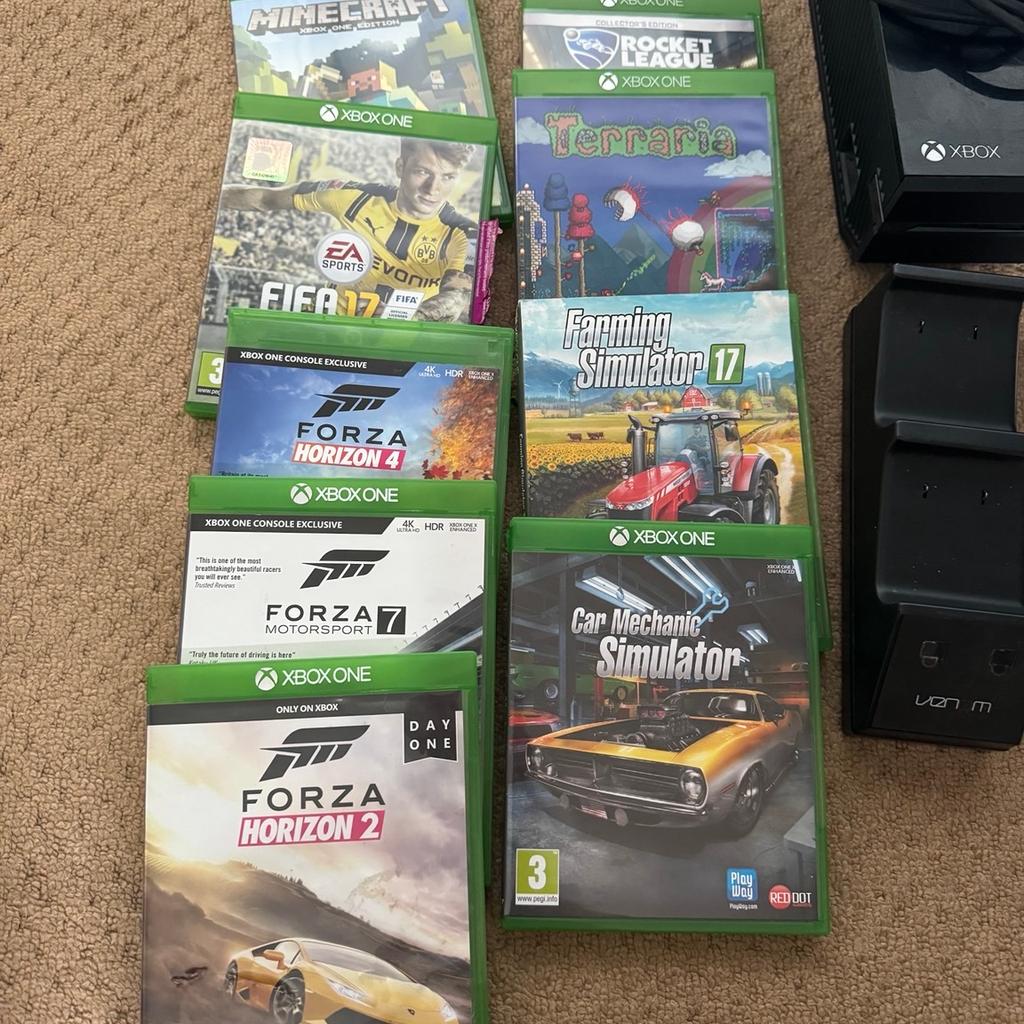 Xbox one with Kinect sensor
Comes boxed with leads
Controller
2 rechargeable battery packs
Battery docking charger
Headset with adaptor
Minecraft
FIFA 17
Forza horizon 2
Forza horizon 4
Forza horizon 7
Rocket league
Terraria
Farming simulator 17
Car mechanic simulator
Good condition all works as it should
