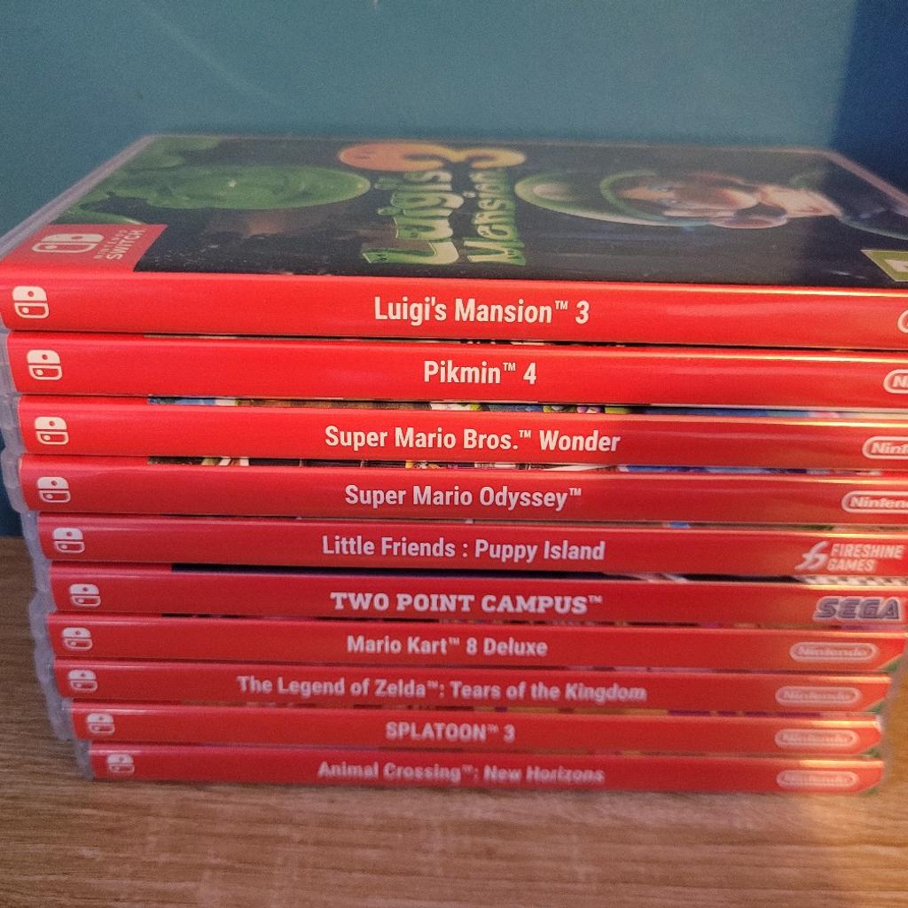 Nintendo oled
11 games
luigis mansion
pikmin4
super Mario wonder
super Mario odyssey
little friends puppy island
two point campus
Mario kart 8 deluxe
the legend of zelda
Splatoon 3
animal crossing
hogwarts legacy (no case) just game card as lost the case

comes with 2 wired controllers and
2 cases.