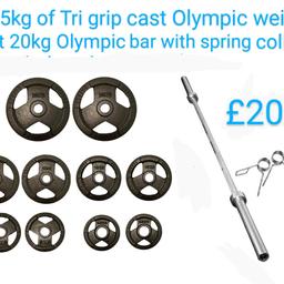 105kg of Tri grip cast Olympic weight plates and 7ft 20kg Olympic bar with spring collars Brand-new.
Collection from Ashton in Makerfield in Wigan £200 no offers
