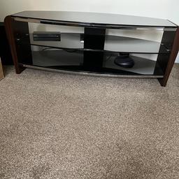 Alphason TV unit
Black wood with walnut side
Glass top and glass shelves 
Open back 

Measurements 
Length - 1100mm
Depth - 470mm
Height - 390mm