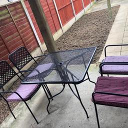 Black metal table and 4 chairs set in very good used condition.No rust.The table has a hole for un umbrella.The legs can be removed for transport.
The chairs are stackable.
Collection only from RM9 5QL and cash on collection