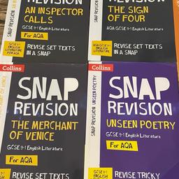 New & unused GCSE SNAP revision guides for  English Literature & English Language 
4 Books for Literature (as seen on my ad)
2 Books for Language - Reading & Writing
1 Power & Conflict Poetry Anthology

Books were £4.99 - the Power & Conflict £5.99
Selling all for £2.50 per book 
Can deliver local to Brentwood or can be collected