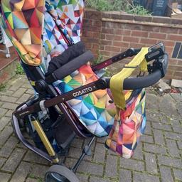 2 in 1 cosatto giggle 2 from New months to 2y or more. used condition with some tears on the wheels but in good working condition
come with original raincover and bag.  the brake works properly. Collection only
