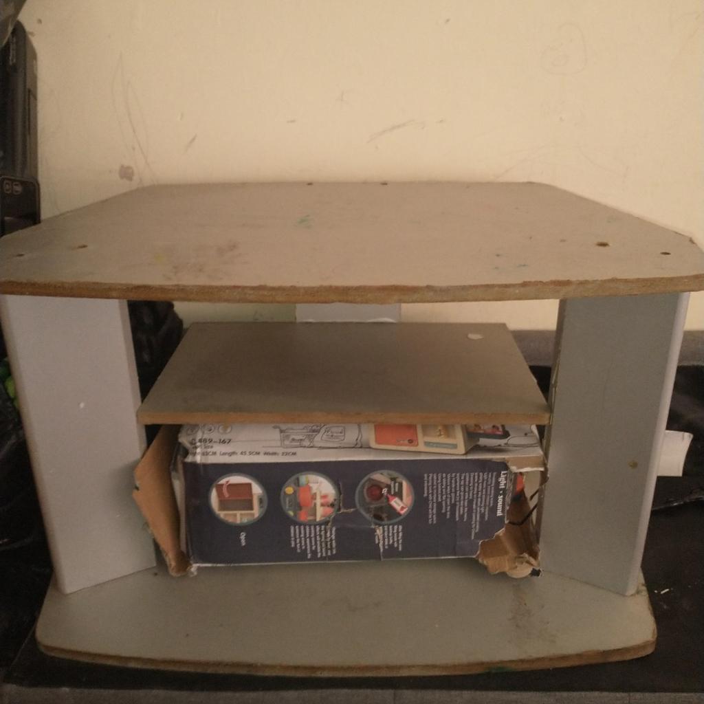 tv stand needs TLC .
needs painting or could just cover it up collect bd80pz