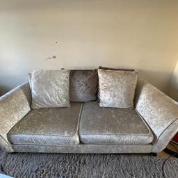 Collection only, from Kettering

2 x DFS Crushed Velvet Cream Sofas (same size)

Very comfortable sofas!

Scatterback cushion style with storage footstool

• good condition + clean

• Non-smoker house

• W: 205cm • D: 100cm • H: 70cm ARM height

• Footstool: • W: 65cm • D: 58cm • H: 42cm

2 cushions need zip fixing at bottom (otherwise not too noticeable, see pic 4. Already priced in)

ONLY SERIOUS BUYERS PLEASE!