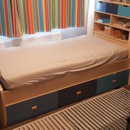 This is a very sturdy, good quality cabin style bed in blue and pale wood effect. Was £400+ new. Mattress included (if req) and has always had a topper & protector on.
Little wear or marks except drawers where stickers removed. Easily cover with sticker again! all fixings in a bag for re assembling. NO INSTRUCTIONS INCLUDED. Not hard to put together
Shelving from head end is in one piece and is large approx W115cm H121cm. Would not fit standard car!
smoke/pet free home
Collection Swynnerton