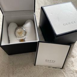 Genuine gucci watch, has been worn but it’s good condition, some scratches but nothing too noticeable. Comes with the certificate of purchase and the extra links. Needs a new battery.