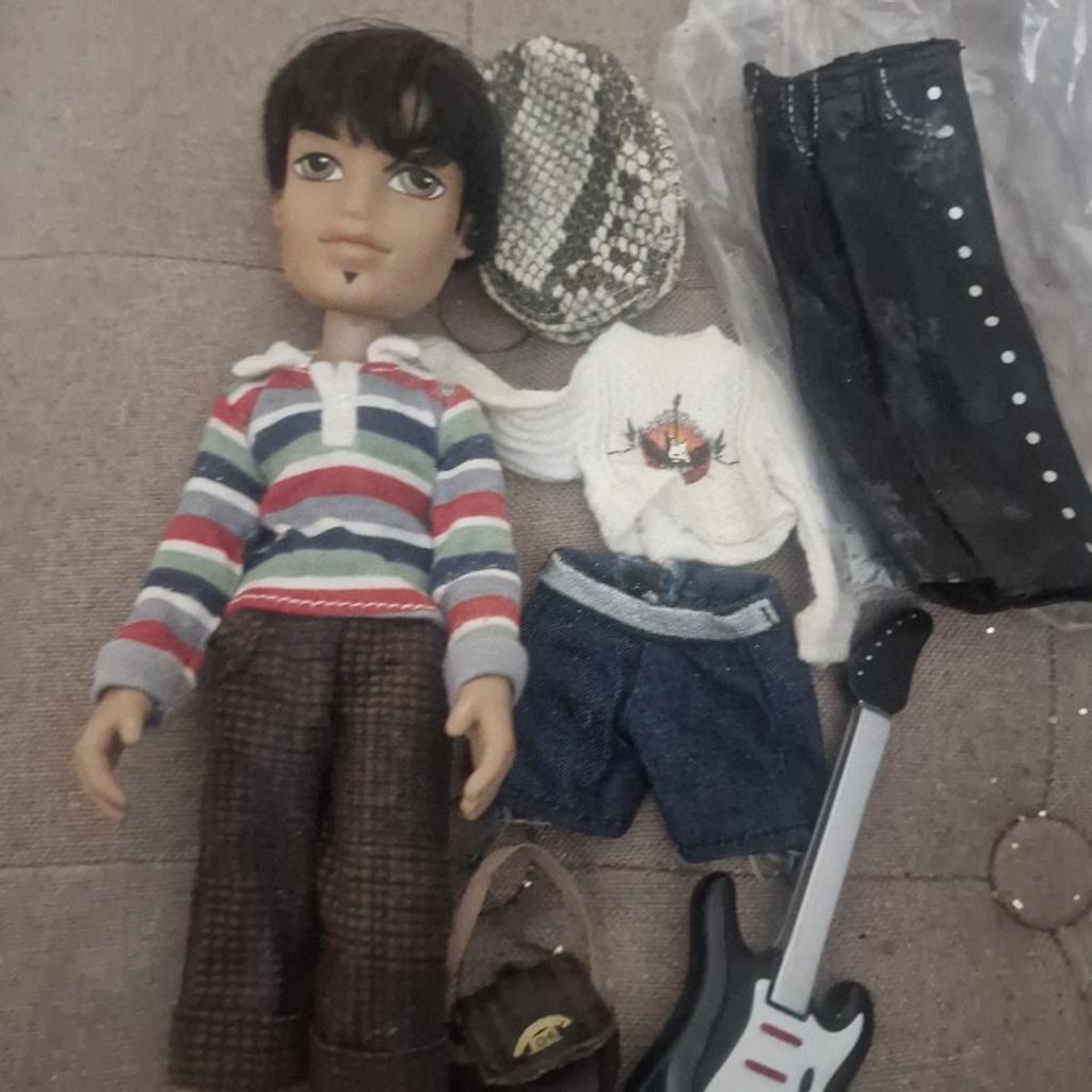 3 different boy bratz dolls. The blue biker doll comes with a helmet and some accessories, the patent suit is flaking a bit. Second one with a stripey top comes with accessories inc guitar. Third one with a red top also comes with accessories and a helmet. All in good condition. Can be posted or delivered. Sold separately @ £23.