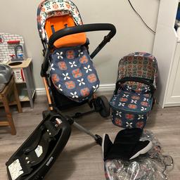 Cosatto travel system with car seat base 
2x rain covers 
2x car seat adapters 
Carry cot with deep padded mattress and carry cot cover 
Seat unit with Cosatto reversible foot muff

Collection Telford