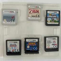 6 NINTENDO DS games, Super Mario Brothers, Sonic classic collection, Mario Kart 7, FIFA 08, Boxing and The legend of ZELDA