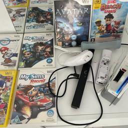 Wii console, sensor, 1 controller & 6 games; Mario kart, Mario & the sonic at the London 2012 Olympic games, MySims racing, MySims agents, Avatar & Big beach sports (Just Dance4 bonus game,has a crack but still plays)