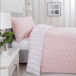 Spots & Stripes duvet set 

Soft and delicate, these Spots and Stripes duvet covers, available in pink or blue, feature an all-over polka dot design with a contrasting stripe pattern on the reverse. Made with 180 thread count brushed microfibre making it non-iron and durable. Single includes 1 pillowcase, double and king size include 2 pillowcases. Button fastening. 100% polyester. Machine washable.

Single: £10 
Blue Pink 
Double: £14 
Blue  Pink 
King: £16 
Blue Pink 
Brand new