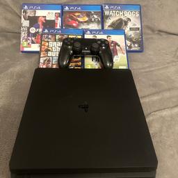 Hi there here I have my ps4 slim 500gb

This console has been well looked after over the last couple of years and has not given any problems whatsoever.

As you can see through the pictures this is definitely one of the best well looked after ps4 slim on this app with a great price

My console does include all cables and the original ps4 box which is in great condition

It also does include one controller and 5 games perfect for your son or daughter