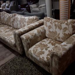 This lovely, well-made brown and cream patterned three-piece suite is in good all-round, used condition. The cushions are all feather down. There are odd marks on the arms and some of the seating cushions. The sofa is very long and four people could sit on it. Both arms will unbolt from the main body. All items have lovely mahogany and brass castors.
The full three piece suite is £395...

Sofa - 91 inches long x 36.5 inches deep x 35 inches high.
2 x chairs - 40 inches wide arm to arm.

Our second hand furniture mill shop is LOW COST MOVES, at St Paul's trading estate, Copley Mill, off Huddersfield Road, Stalybridge SK15 3DN...Delivery available for an extra charge.

If you are interested in this or any other item, please contact me on 07734 330574, or on the shop 0161 879 9365...Many thanks, Helen.

We are normally OPEN Monday to Friday from 10 am - 5 pm and Saturday 10 am -  3.30 pm.. CLOSED Sundays. CLOSED Bank Holiday long weekends...