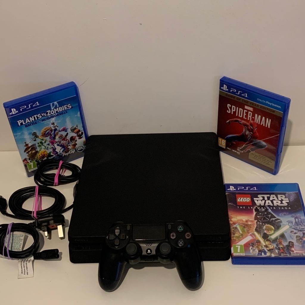 PS4 slim in excellent condition console works perfectly with no issues comes with 3 games including spider man

please see all pics.

Console will be shown working before payment is made so you can buy with confidence.

What u get -
PS4 slim console
Power cable
HDMI
Original controller V2
charge cable
3 games (see pics)

Collection or local delivery available

£125

Thank you

*From A Smoke & Pet Free Home*