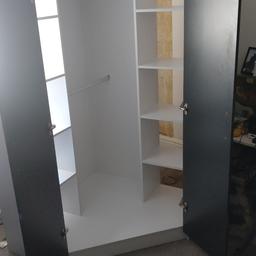 1x Grey & White Corner Wardrobe for sale , wardrobe doors are grey gloss and have been dismantled, includes instructions for both
*do not come with two back panels for the shelves on both sides