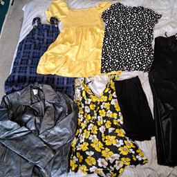 7 items 
wet look leggings 
heart dress
flower playsuit
off shoulder dress 
pinafore dress
biker jacket
black mini skirt 
size 12
condition is good- to new without tags. 
having a big clear out so would like to sell as a bundle x
