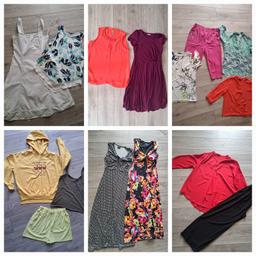 Ladies size 14 clothes bundle. 

2 x Maxi Dresses 
1 x Red Blouse 
1 x Black trousers 
1 x White dress 
1 x Blue floral summer top
1 x Minnie the pooh Hooded jumper 
1 x dark green vest top 
1 x Yellow shorts 
1 x dark orange Blouse 
1 x Floral Blouse (new with tags) 
1 x Green zip Blouse 
1 x Pink trousers. 
1 x Purple dress. 
1 x orange summer Blouse 

All in good used (some new or hardly worn)  condition 

Brands such as Roman, Wallis and Be You. 

From a smoke and pet free home 

£15