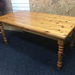 Large solid pine farmhouse dining table in good condition. A nice piece of quality traditional furniture. Solid turned legs that remove for transporting. Measuring 180cm long x 90cm wide x 79cm tall. Viewing/collection is Leeds LS24 & delivery is available if required - £150