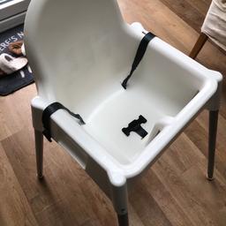 White ikea high chair 

ANTELOPE
Highchair with tray, white/silver-colour

Weight & measurements

Width: 56 cm
Depth: 62 cm
Height: 90 cm
Seat width: 25 cm
Seat depth: 22 cm
Seat height: 54 cm
Max. load: 15 kg