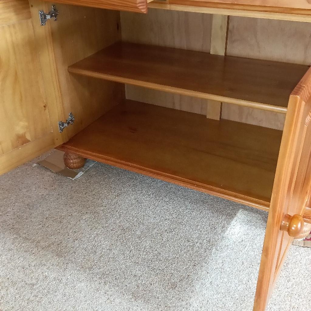 small pine dresser. good condition with minimal marking. removeable cupboard shelf. 3 display shelves with 3 height options each. 2 drawers, 14 x 12 x 5 inches inside measurements. nice, solid piece of traditional furniture. width 37 inches, height 71 inches, depth 18 inches. can deliver locally. cash only please.