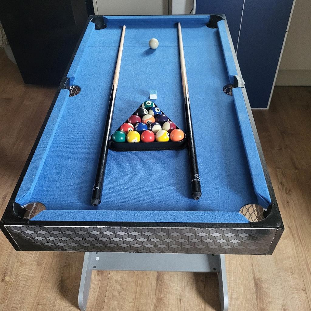 multi game folding activity table in good condition. not used much. 2 games unavailable due to lost or broken parts.
pool, table tennis, basketball, darts, bean bag throw and table football
