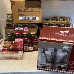 Everything you need to start making jams, chutneys and preserves….8 litre Kilner stainless steel pan (used handful of times), thermometer & lid lifter, long handled spatula, Kilner jars, Hobbycraft jam jars, (all jars new and unused) labels, muslin, books and miscellaneous bits and bobs.  Value new £200