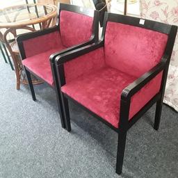 This lovely pair of vintage dark solid oak framed chairs have a cranberry wine red coloured velvet fabric on them. Not sure of their age... There are a few marks on the black oak frame in places but they are both in good general used condition. £90 pair...

22 inches wide x 21 inches deep x 33 inches high.

Our second hand furniture mill shop is LOW COST MOVES, at St Paul's trading estate, Copley Mill, off Huddersfield Road, Stalybridge SK15 3DN...Delivery available for an extra charge.

There are some large metal gates next to St Paul's church... Go through them, bear immediate left and we are at the bottom of the slope, up from the red steps... 

If you are interested in this or any other item, please contact me on 07734 330574, or on the shop 0161 879 9365...Many thanks, Helen.

We are normally OPEN Monday to Friday from 10 am - 5 pm and Saturday 10 am -  3.30 pm.. CLOSED Sundays. CLOSED Bank Holiday long weekends...