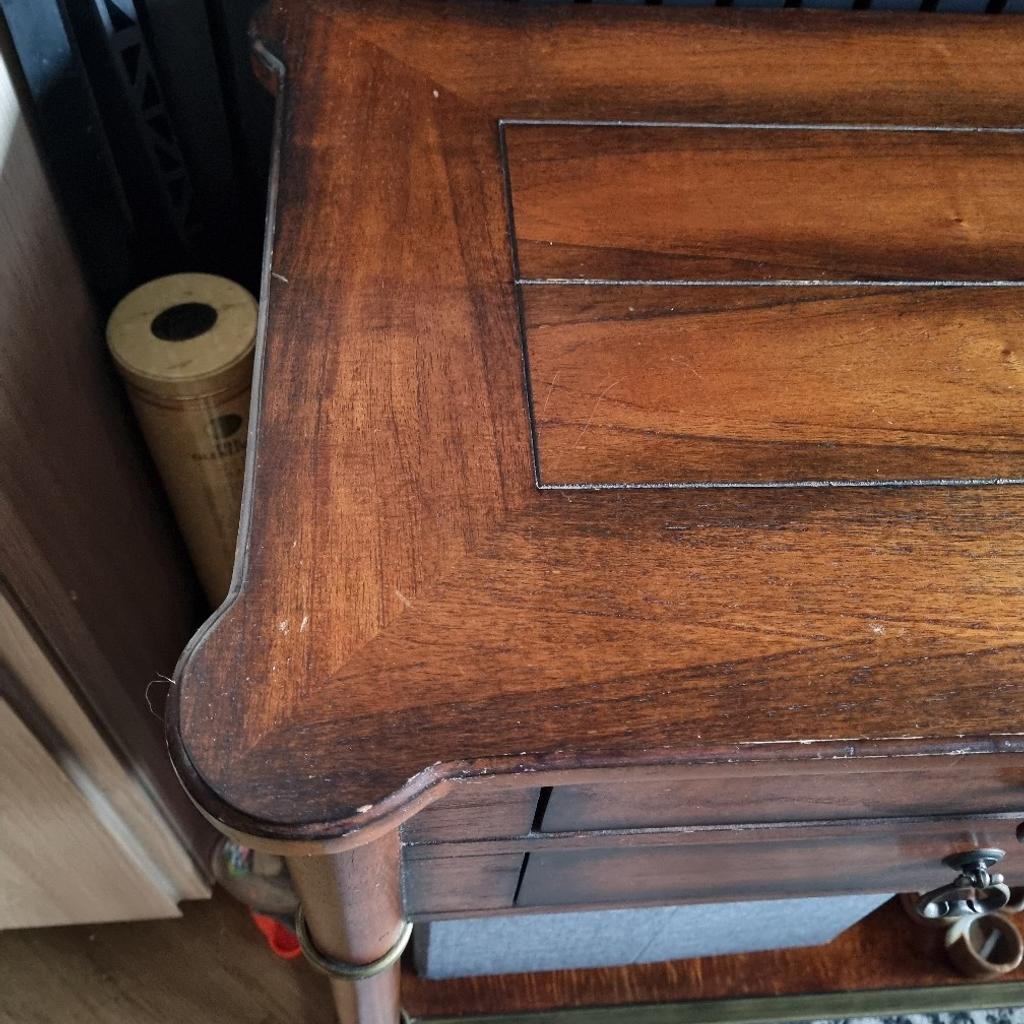 Bought originally years ago from DFS.
Rich brown/mahogany colour. Some scuffs from wear and tear. But could be beautifully restored. 4 draws and room for storage boxes/baskets underneath. It's been upstairs in bedrooms, living room and dining room. I've changed to mostly oak furniture now so it's not matching anywhere. It's just gathering dust. Collection only L34 2RD