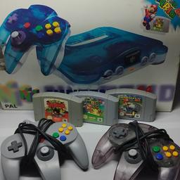 Ovp 
Inkl 3 Controller 
2 controller packs 
Inkl Pokémon snap Supermario 64 und Mario Kart 64 
Console ist mit dem Expansion pack ausgestattet