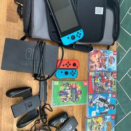 Nintendo Switch with 6 Games ( as pictured )

Carry bag and cover 

Few accessories 

Has replacement left and right joypads fitted as originals ( included ) had drift on the right side .

Has been unused for a while hence reason for sale .

Has age related marks ( tried to picture as best as possible )

Reset to manufaturers settings