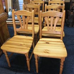 6 x pine dining chairs in need of some TLC - puppy chew marks on the support braces to most of them. Can be sanded or easily replaced. All perfectly usable and sturdy. Collection is Leeds LS24 & delivery is available if required - £30