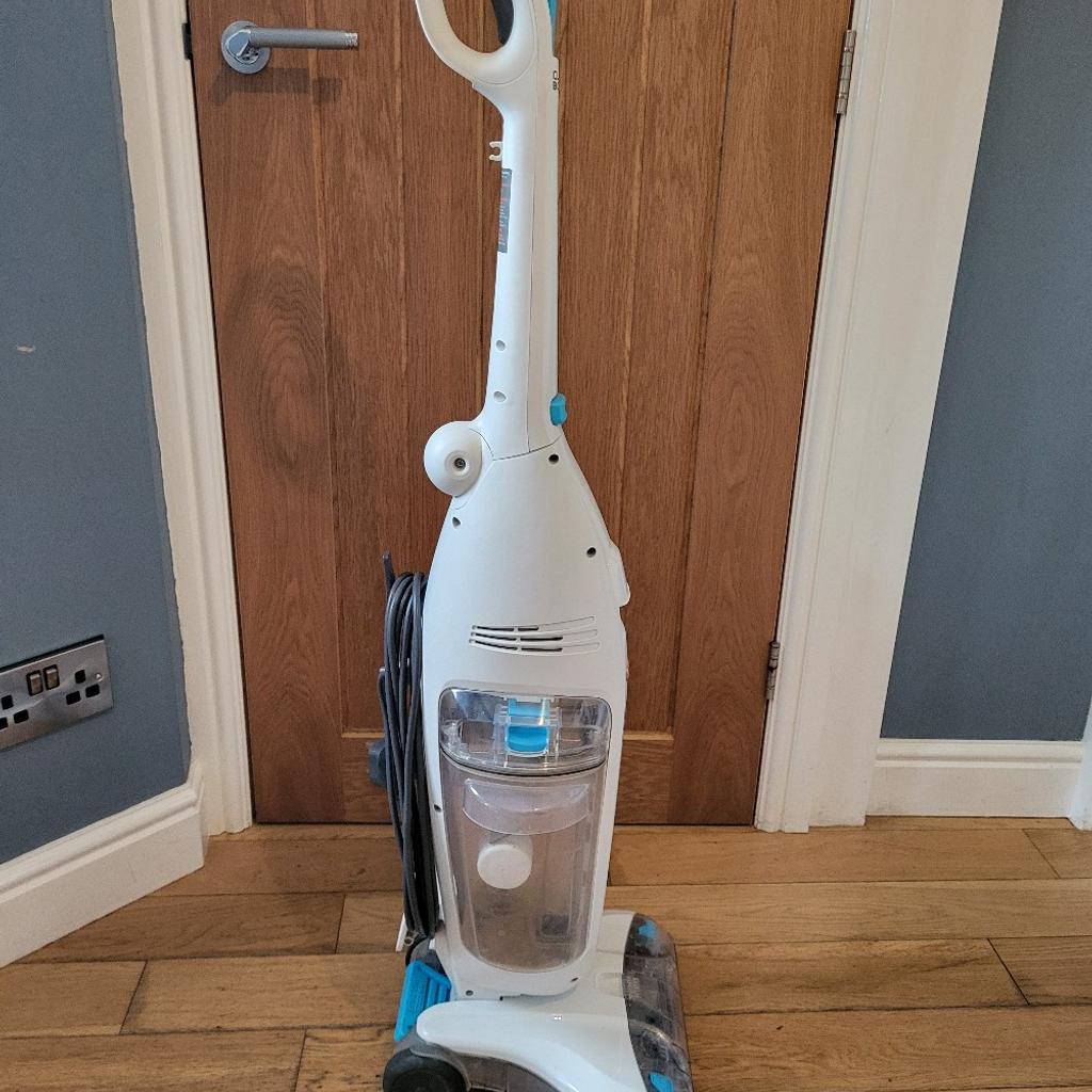 Wet and dry floor cleaner. Washes with rotating brushes with clean water from detergent / water tank whilst drying floor and hoovering water into a dirty water tank. Scrubs floor then removes dirty water.
Has 2 removable brush heads for different floor types.
Good condition with little use.
Just didn't use it.