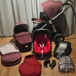 Mamas & Papas Ocarro bundle comes with :

- Mamas&Papas Ocarro  frame

- Mamas&Papas Mulberry edition carrycot

-Mamas&Papas Ocarro mulberry seat unit

-Mamas&Papas Ocarro mulberry footmuff

- Mamas & Papas  car seat adapters

- Maxi cosi Pebble matching color car seat

- Maxi cosi ISOFIX BASE

- Maxi cosi matching color car seat footmuff

- Mamas & Papas  pushchair raincover

It can be used from birth and is such a good pushchair - very nice to push and extremely easy to fold. The rubber tyres are amazing and hardwearing (so much better than anything inflatable!) I have to say I honestly recommend this pram to anyone. It’s super sturdy, well made pram that will last you forever ! It has been deep ( steam)   cleaned.It has some scratches on the main frame from general wear and tear.This travel set cost 1299£ when new. Postage available or local collection from Wolverhampton. Comes from pet and smoke free home,  any questions please ask.