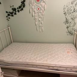 NEXT white single metal bed with wooded slat base and glass diamond detail. Mattress is reversible with 1 size material and the other-side waterproof.

Smoke and pet free home.

Collection only
